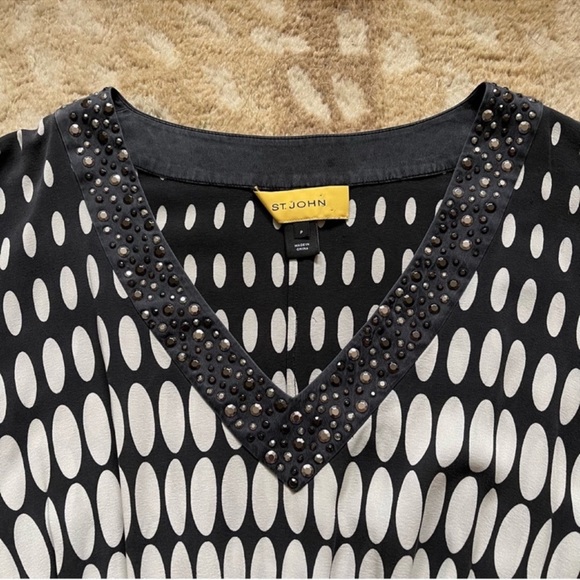 St. John Long Sleeve Silk Mini Dress Black White Dot Print Studded V Neck Size P - Picture 11 of 15